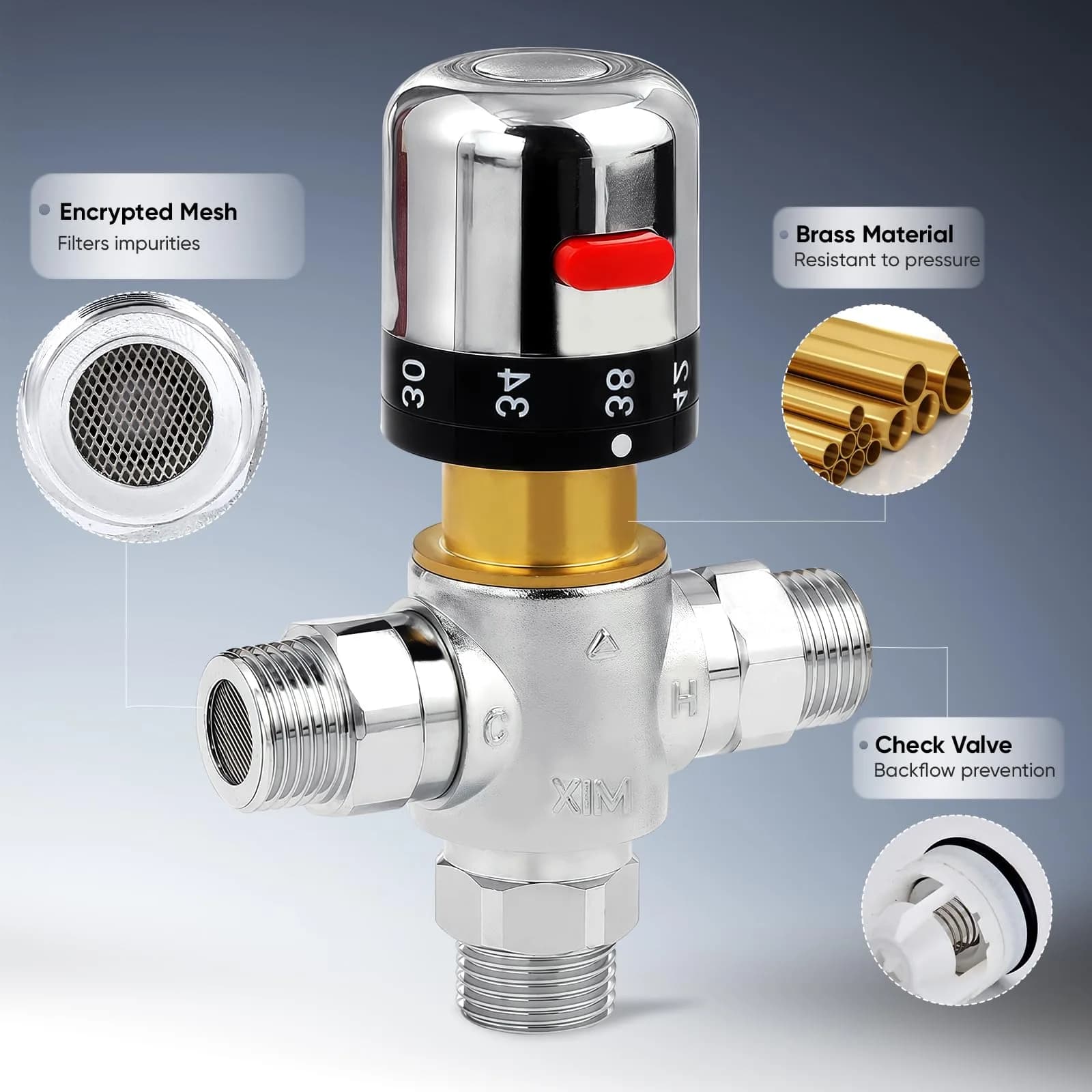 Fyeer Thermostatic Mixing Valve DN15 G1/2" Brass with Plastic Knob | Temperature Control Anti Scald - view 2