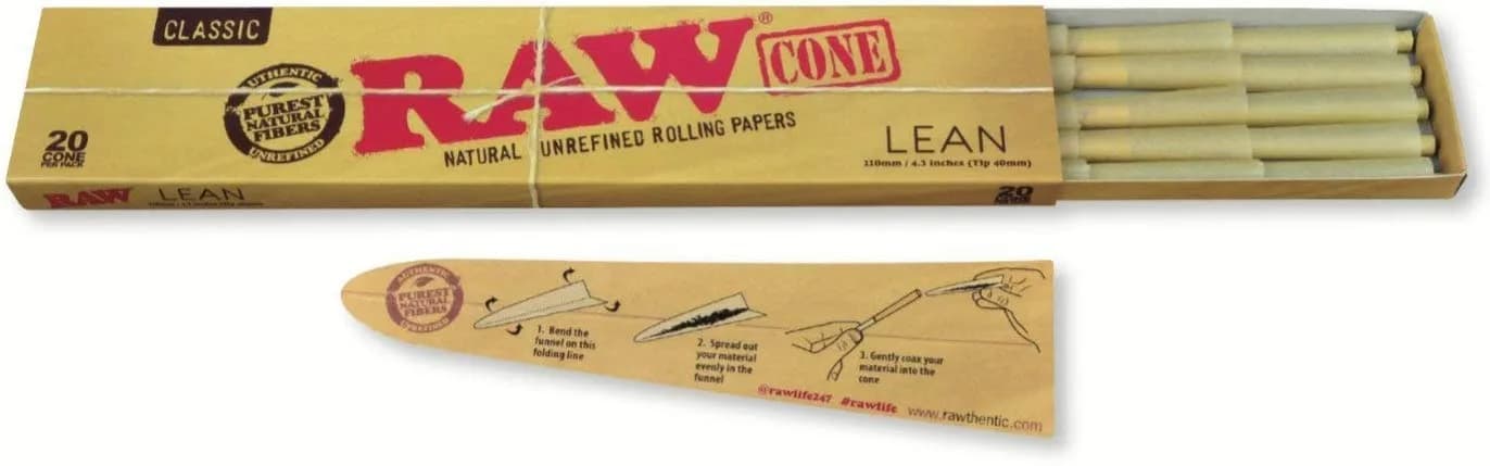 RAW Classic Natural Unrefined Pre Rolled Cones Lean Size 110mm x 7mm | 20 Cones Per Pack, Unbleached