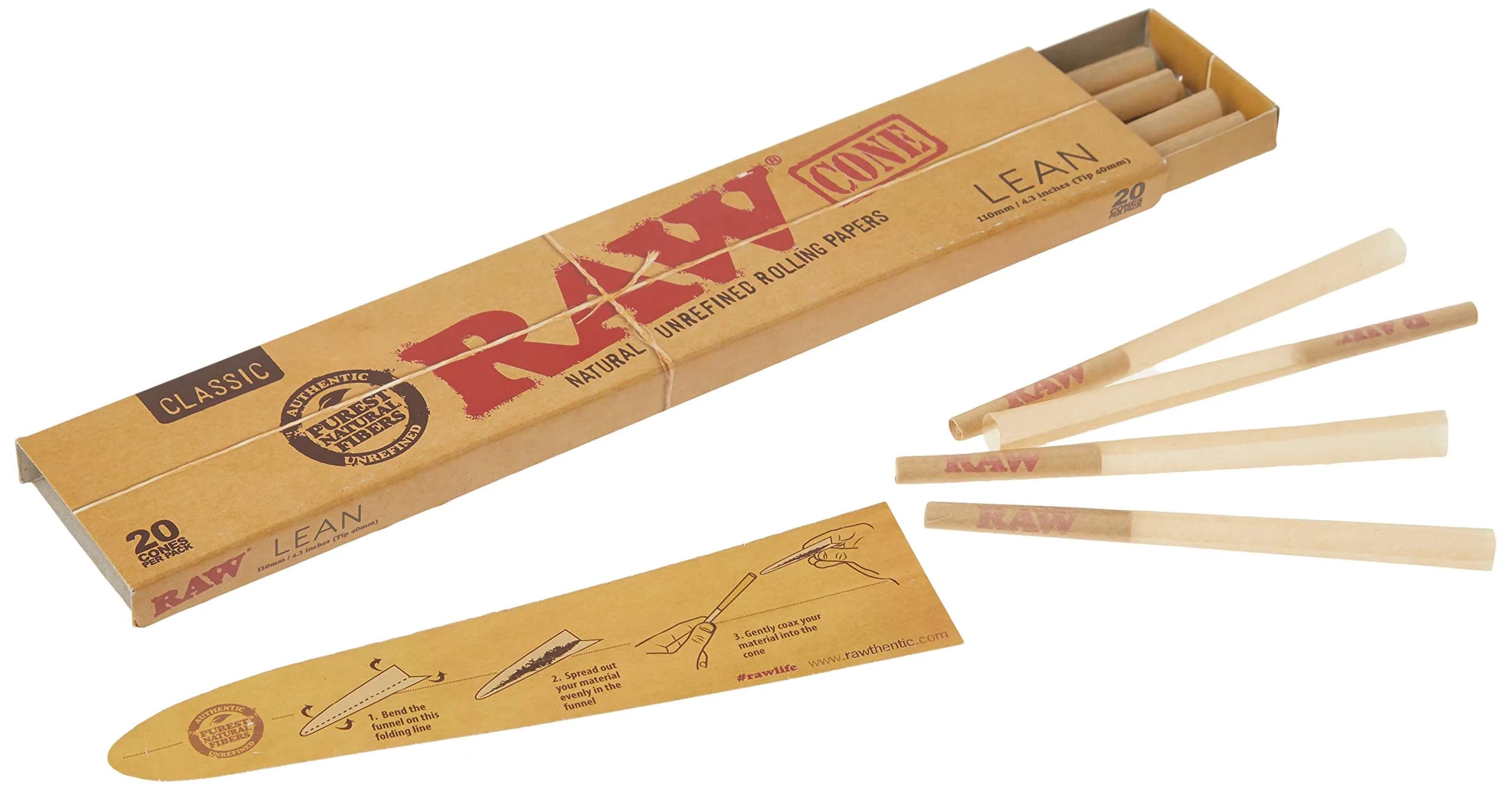 RAW Classic Natural Unrefined Pre Rolled Cones Lean Size 110mm x 7mm | 20 Cones Per Pack, Unbleached - view 2