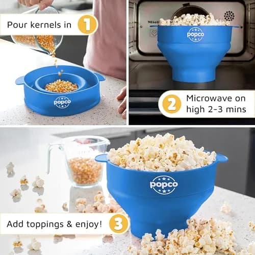 POPCO Silicone Popcorn Maker with Handles - 15-Cup Capacity Microwave Popper - Collapsible Bowl, Heat-Resistant, Easy to Clean, Light Blue | Makes Fresh Popcorn in Minutes thumbnail 5
