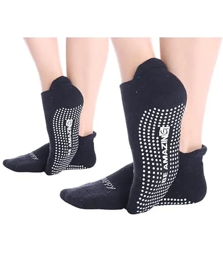 Live Happy Be Healthy Non-slip Pilates Socks with Grips for Women, 2 Pairs, Black | Toeless, Ankle Length, Grip Socks thumbnail 1