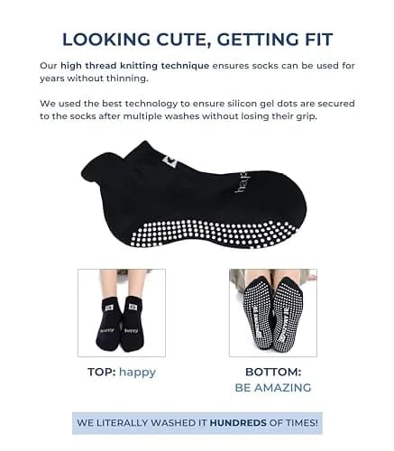 Live Happy Be Healthy Non-slip Pilates Socks with Grips for Women, 2 Pairs, Black | Toeless, Ankle Length, Grip Socks thumbnail 3