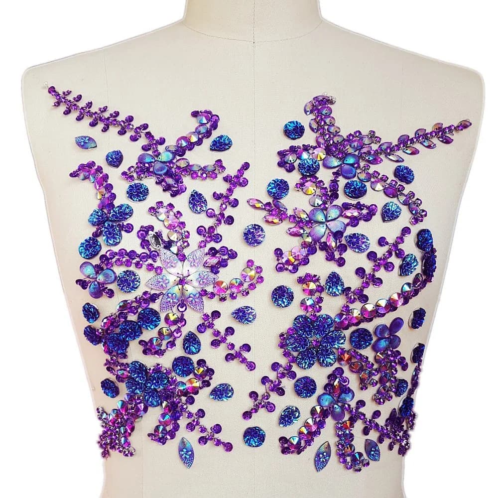 succi shan Green Fabric Appliqué Patch 10.6x12.2″ | Bright Sew-on Rhinestone Flower for Wedding Dresses — purple
