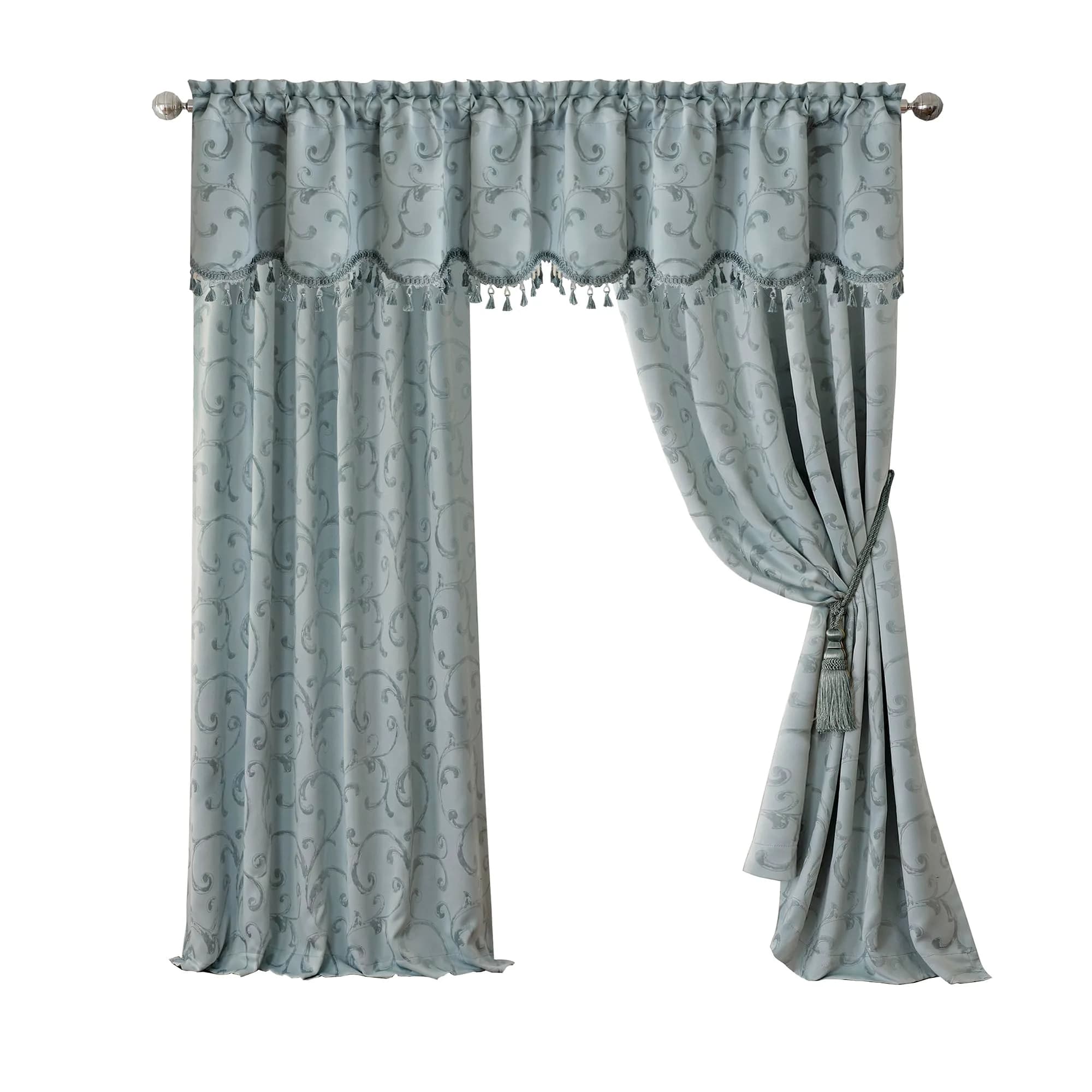 Threadmade Mia Jacquard Scroll Blackout Window Curtain, Gold - 52"W x 95"L | Elegant Sun-Blocking Opulence — Blue / 52"W x 84"L