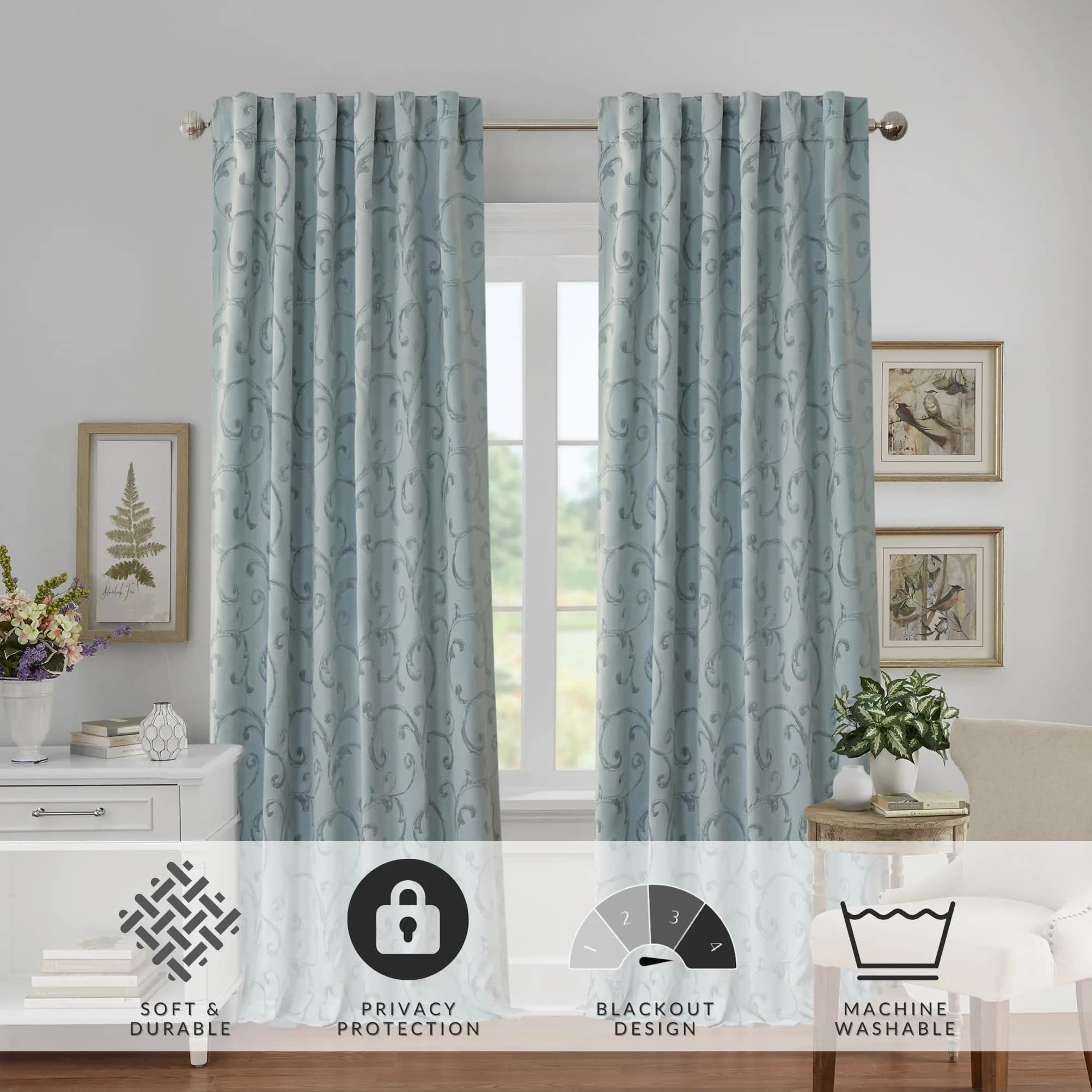 Threadmade Mia Jacquard Scroll Blackout Window Curtain, Blue - 52"W x 84"L | Elegant Jacquard Pattern with Sun-Blocking Power thumbnail 2