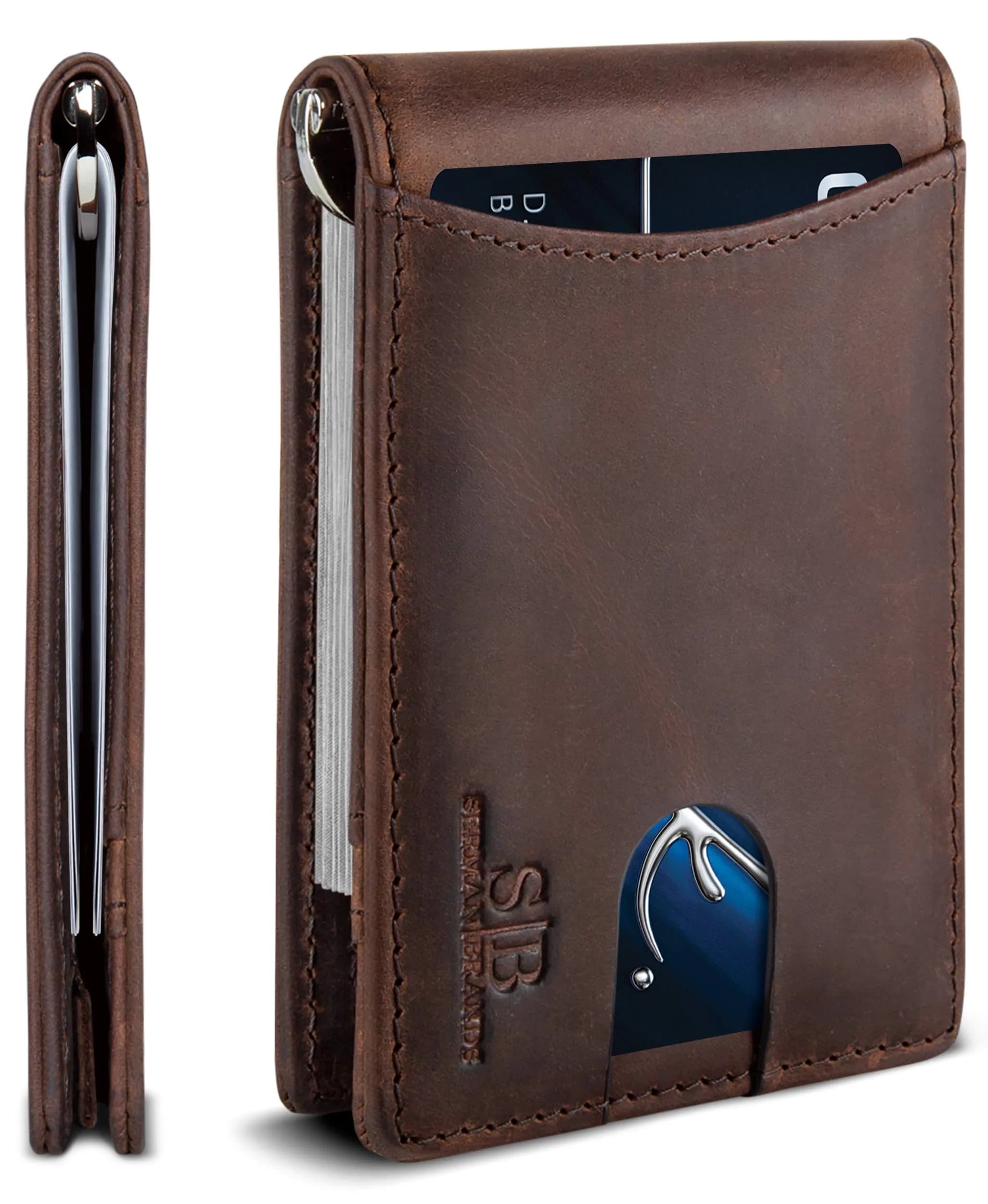 SERMAN BRANDS RFID Blocking Slim Bifold Leather Wallet for Men with Money Clip | Minimalist Front Pocket Design — Texas Brown 1.S