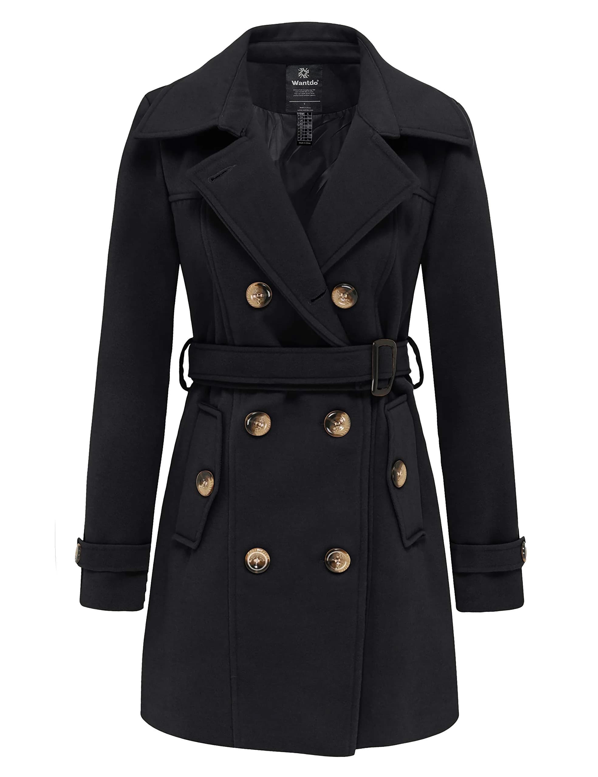 wantdo Women’s Double Breasted Pea Coat Khaki S | Windproof & Stylish Winter Coat — Black / Small