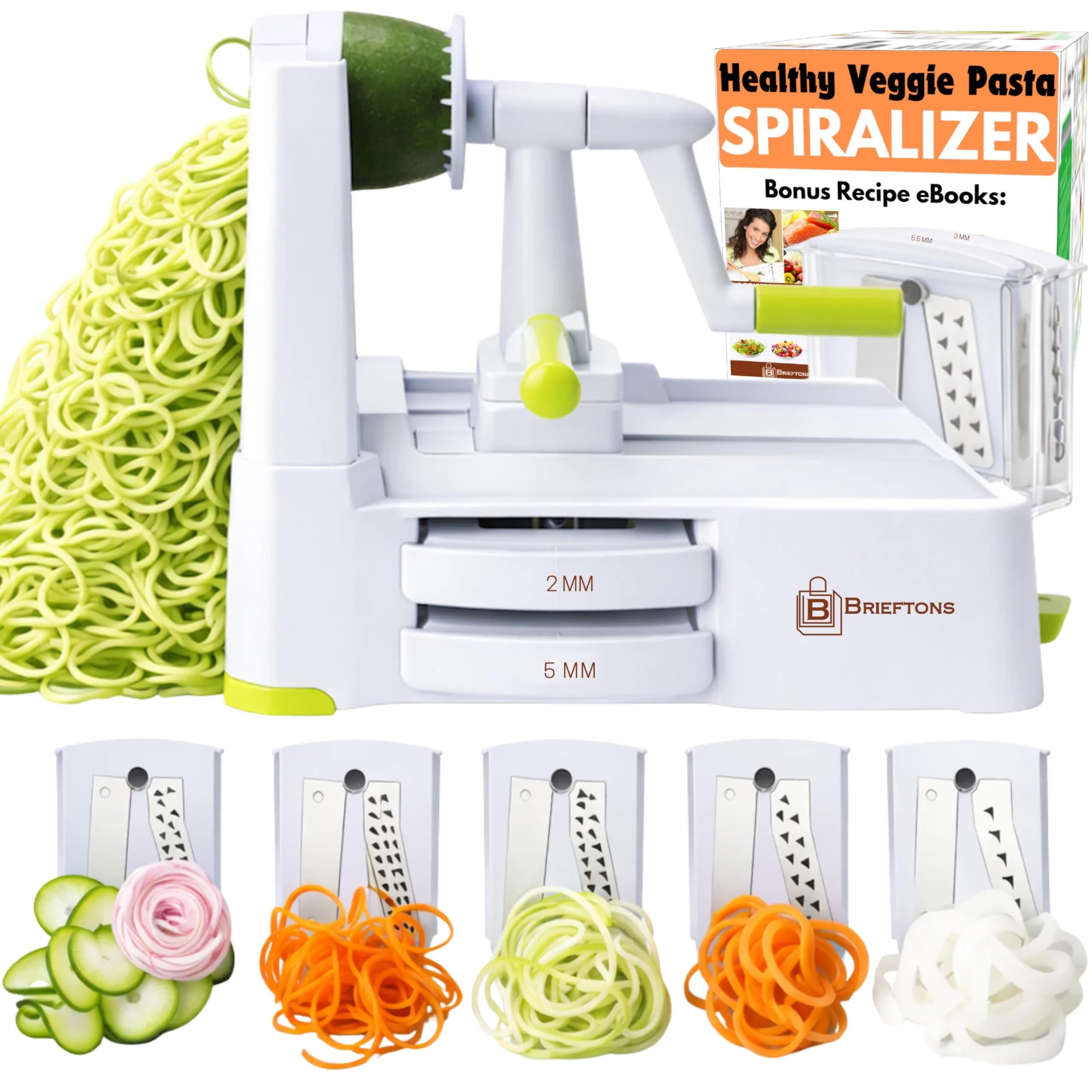 Brieftons 7-Blade Vegetable Spiralizer: Veggie Noodle Maker with Curly Fry & Crinkle Blades | Low Carb, Vegan, Gluten-Free, Keto, Paleo — White ( 5 Blades )