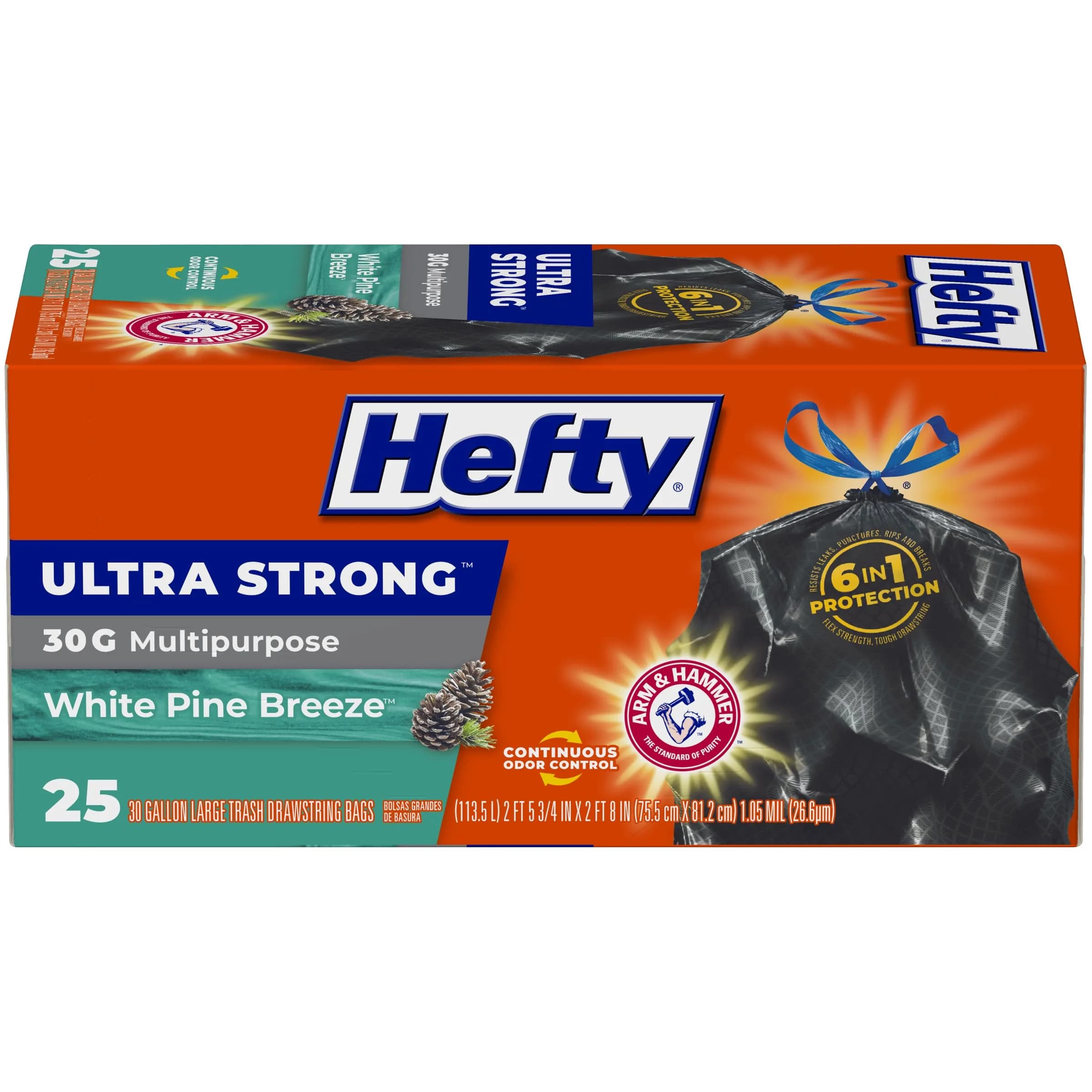 Hefty Ultra Strong Multipurpose Large Trash Bags, Black, White Pine Breeze Scent, 30 Gallon (113.5 L), 25 Count | 6-in-1 Protection - main product image