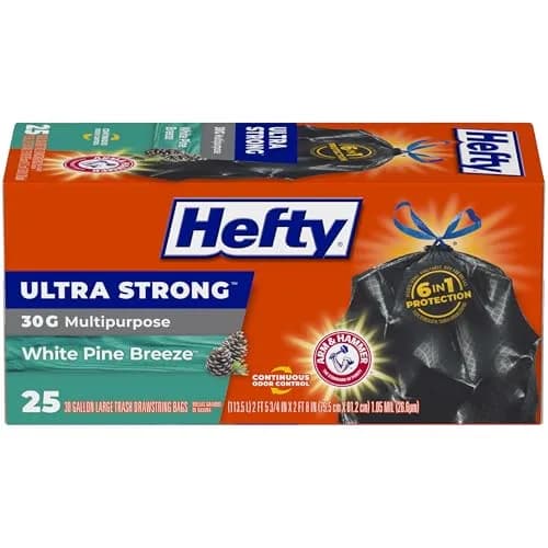 Hefty Ultra Strong Multipurpose Large Trash Bags, Black, White Pine Breeze Scent, 30 Gallon (113.5 L), 25 Count | 6-in-1 Protection thumbnail 1