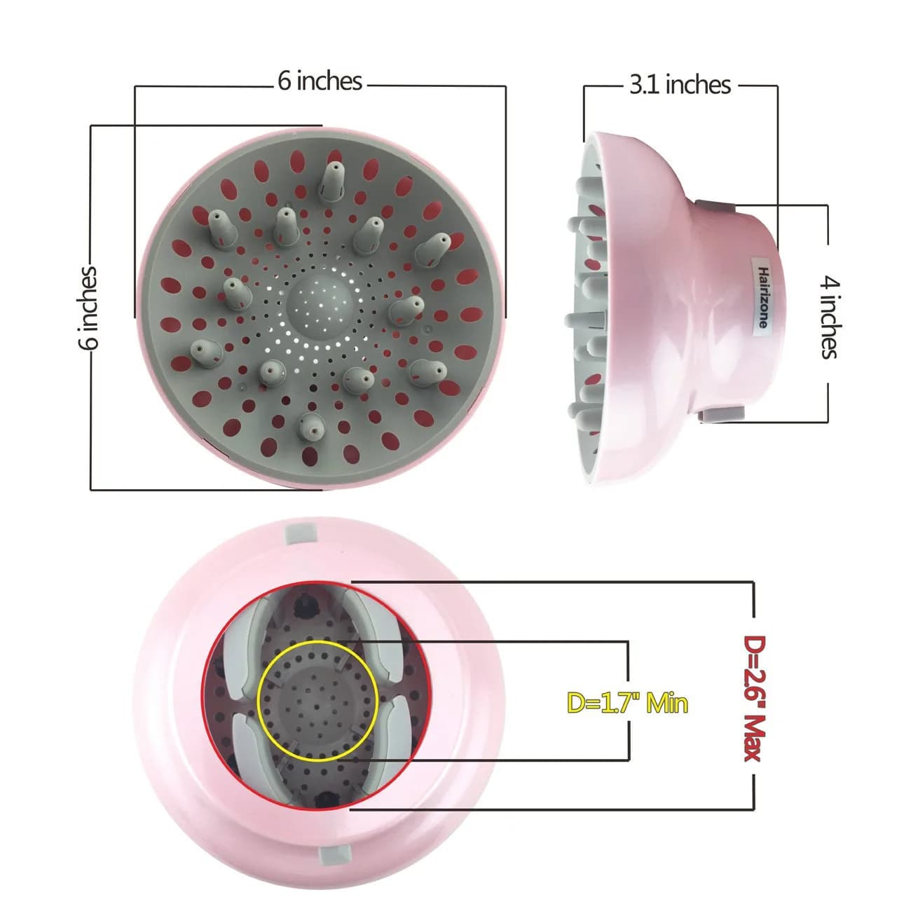 Hairizone Universal Hair Diffuser Pink | 15.6cm (6in) Diameter, Snap-on Fit for Curly & Wavy Hair - view 9
