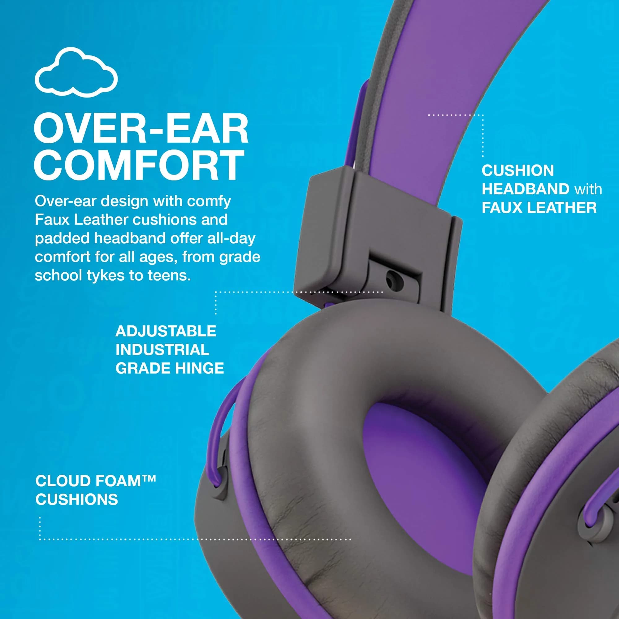 JLab JBuddies Studio Kids Wired On-Ear Headphones | 40mm Dynamic Drivers, 85dB Volume Limiter, Graphite/Purple - view 5
