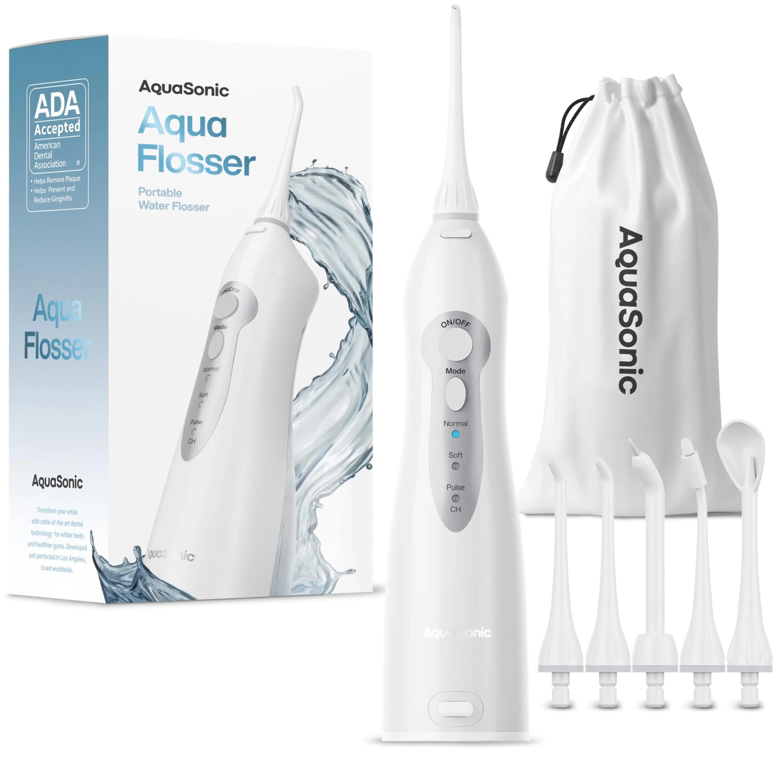 Aquasonic Aqua Flosser Cordless Rechargeable Water Flosser 5 Piece Set | Deep Clean Oral Irrigator for Braces & Travel — White