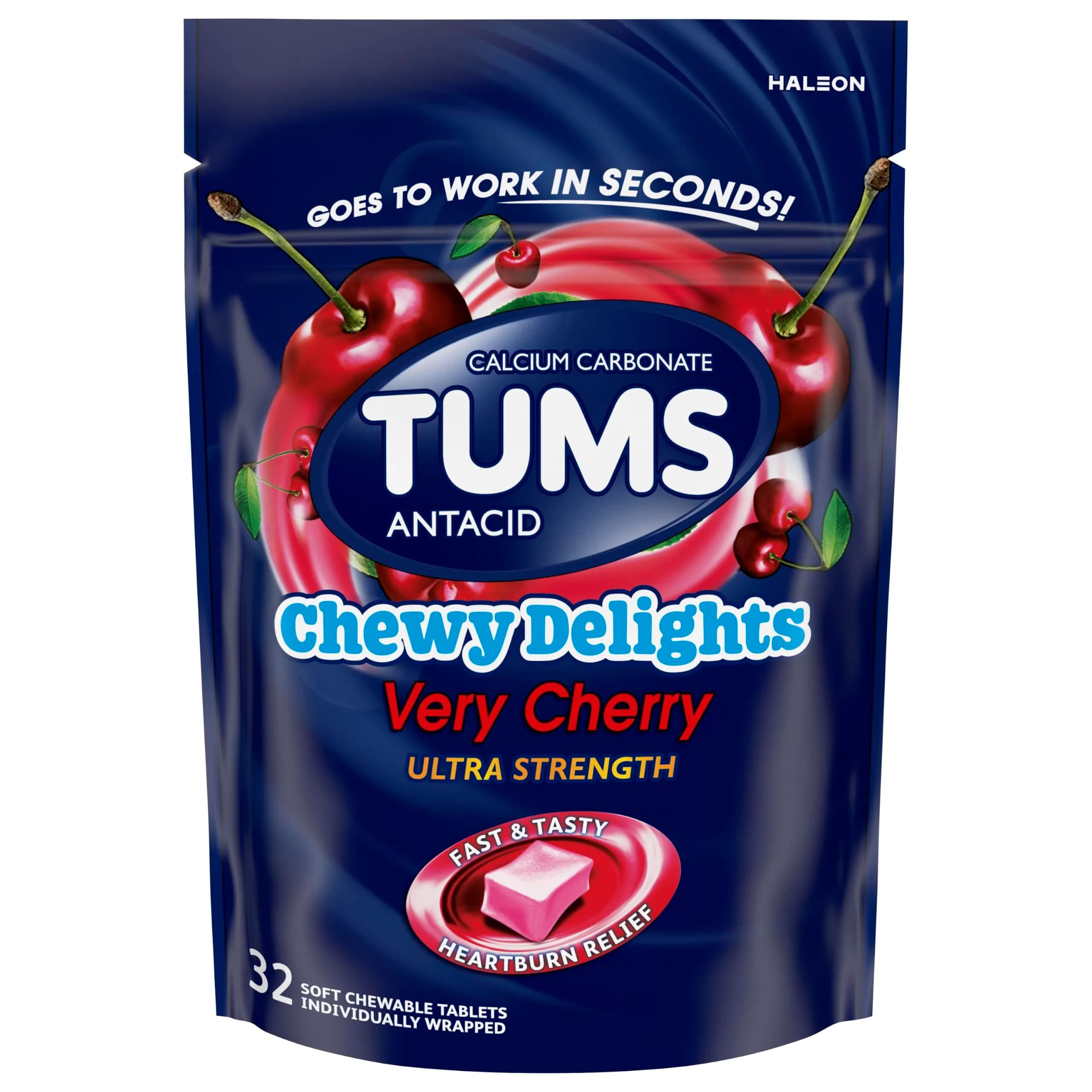 TUMS Chewy Delights Ultra Strength Antacid Soft Chews 32 Count | Fast Heartburn Relief in Delicious Very Cherry — Red