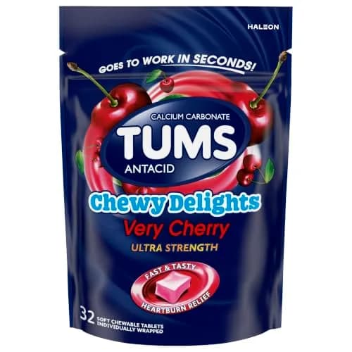 TUMS Chewy Delights Ultra Strength Antacid Soft Chews 32 Count | Fast Heartburn Relief in Delicious Very Cherry thumbnail 1