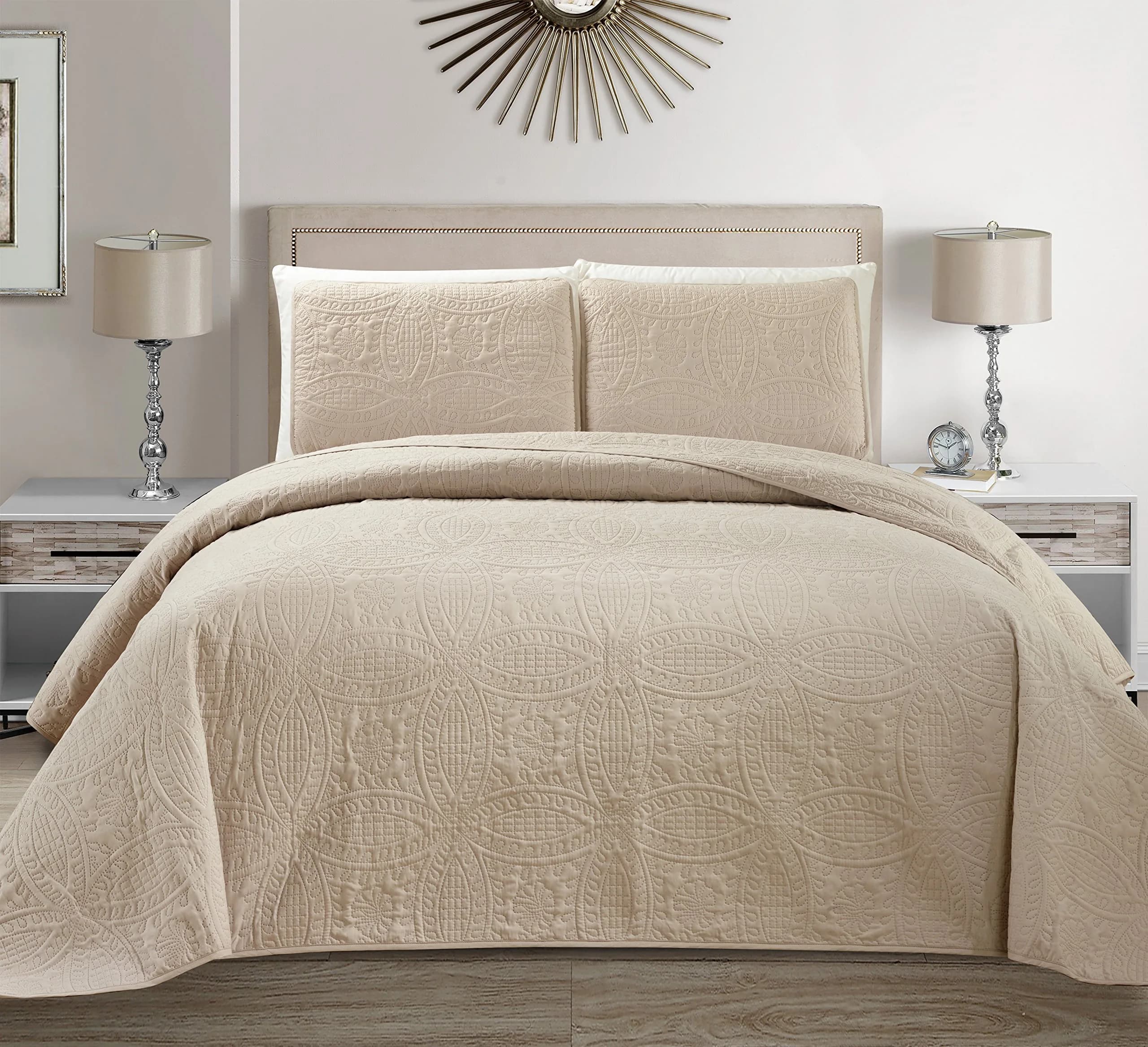 MK Home Mk Collection Solid Embossed Bedspread Bed Cover Over Size (Beige, King/California King) | Microfiber, Over Size - main product image
