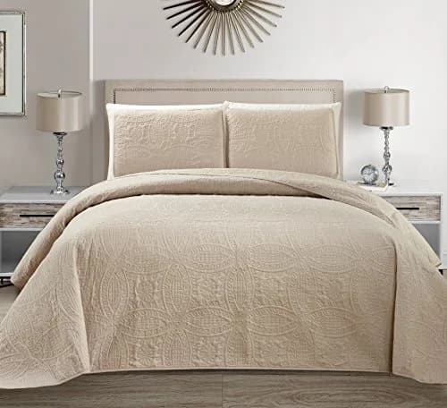 MK Home Mk Collection Solid Embossed Bedspread Bed Cover Over Size (Beige, King/California King) | Microfiber, Over Size thumbnail 1