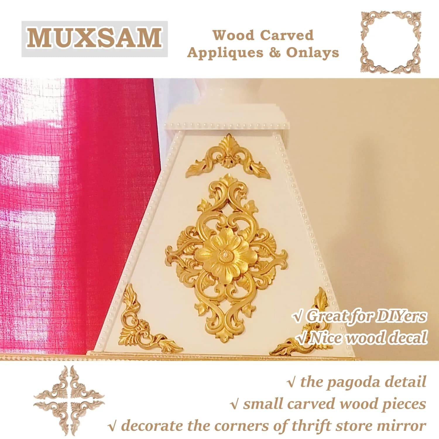 MUXSAM Unpainted Wooden Corner Appliques 8x8cm | Vintage European Style Decor thumbnail 7