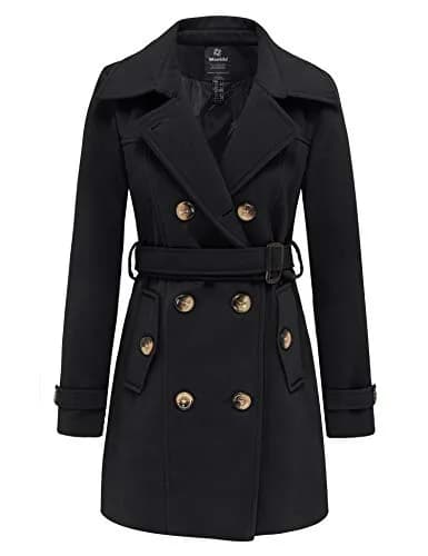 wantdo Women’s Double Breasted Pea Coat Khaki S | Windproof & Stylish Winter Coat — Black / Medium