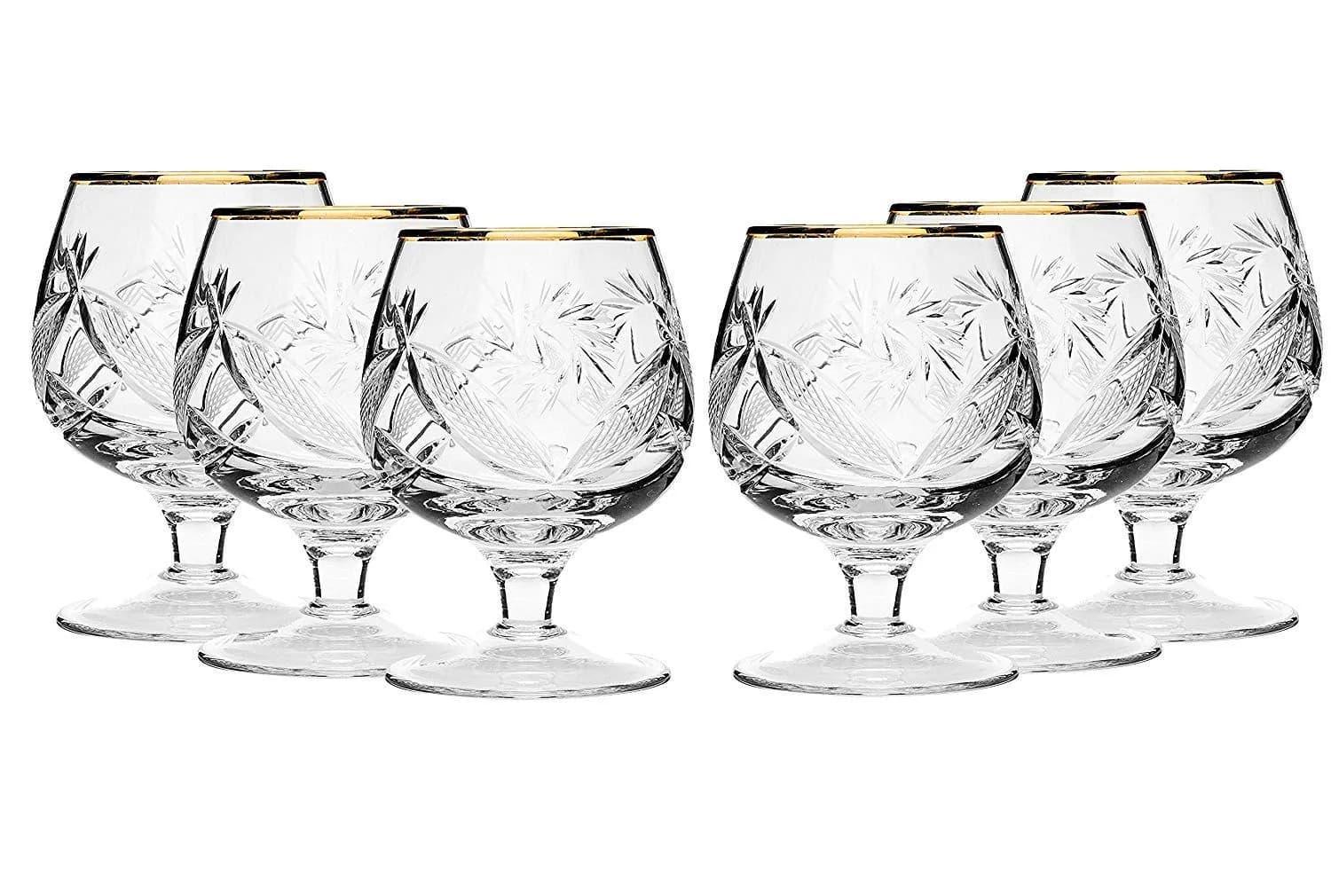 Neman Crystal Russian Cut Crystal Cognac Snifter Goblet Set (6) | 5 Oz. Hand Made with Gold Rim