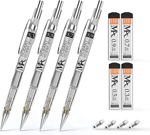 MozArt Supplies Mechanical Pencil Set 4 Sizes 0.3 0.5 0.7 0.9mm HB Lead Clear | Ideal for Drawing & Writing thumbnail 1