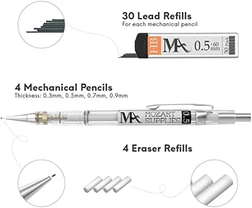 MozArt Supplies Mechanical Pencil Set 4 Sizes 0.3 0.5 0.7 0.9mm HB Lead Clear | Ideal for Drawing & Writing thumbnail 4