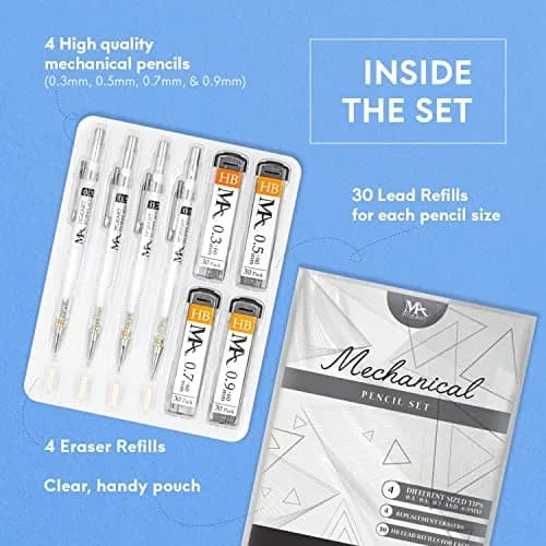 MozArt Supplies Mechanical Pencil Set 4 Sizes 0.3 0.5 0.7 0.9mm HB Lead Clear | Ideal for Drawing & Writing thumbnail 3