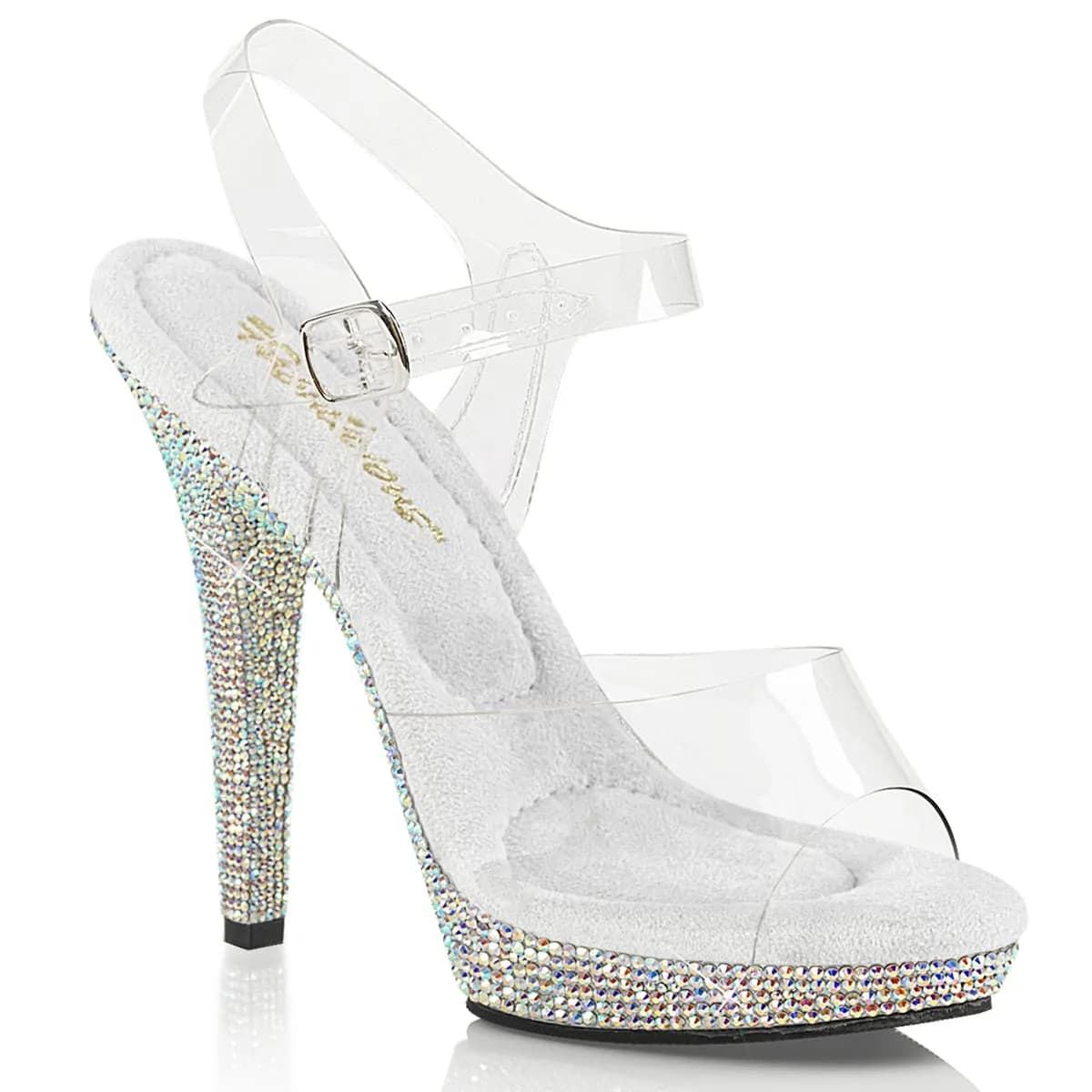 Fabulicious Lip-108DM Ankle-Strap Sandal 12 in Clear/Silver Multi Rs | 5" Heel, Platform & Rhinestones