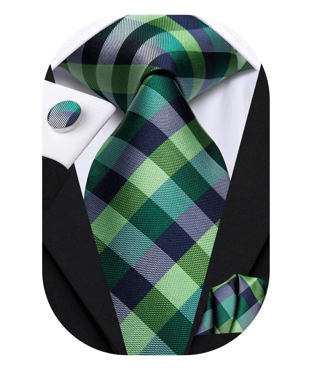 Hi-Tie Mens Plaids Striped Green Ties Set Paisley Silk Necktie for Men with Handkerchief Cufflinks Set Business Wedding | Elegant 59-inch silk mix polyester, perfect for formal occasions — Green Plaid