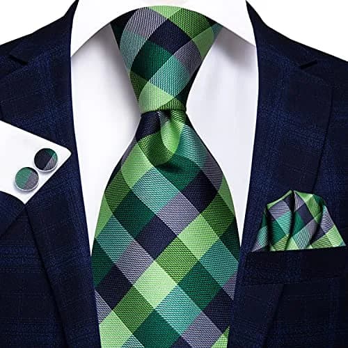 Hi-Tie Mens Plaids Striped Green Ties Set Paisley Silk Necktie for Men with Handkerchief Cufflinks Set Business Wedding | Elegant 59-inch silk mix polyester, perfect for formal occasions thumbnail 3