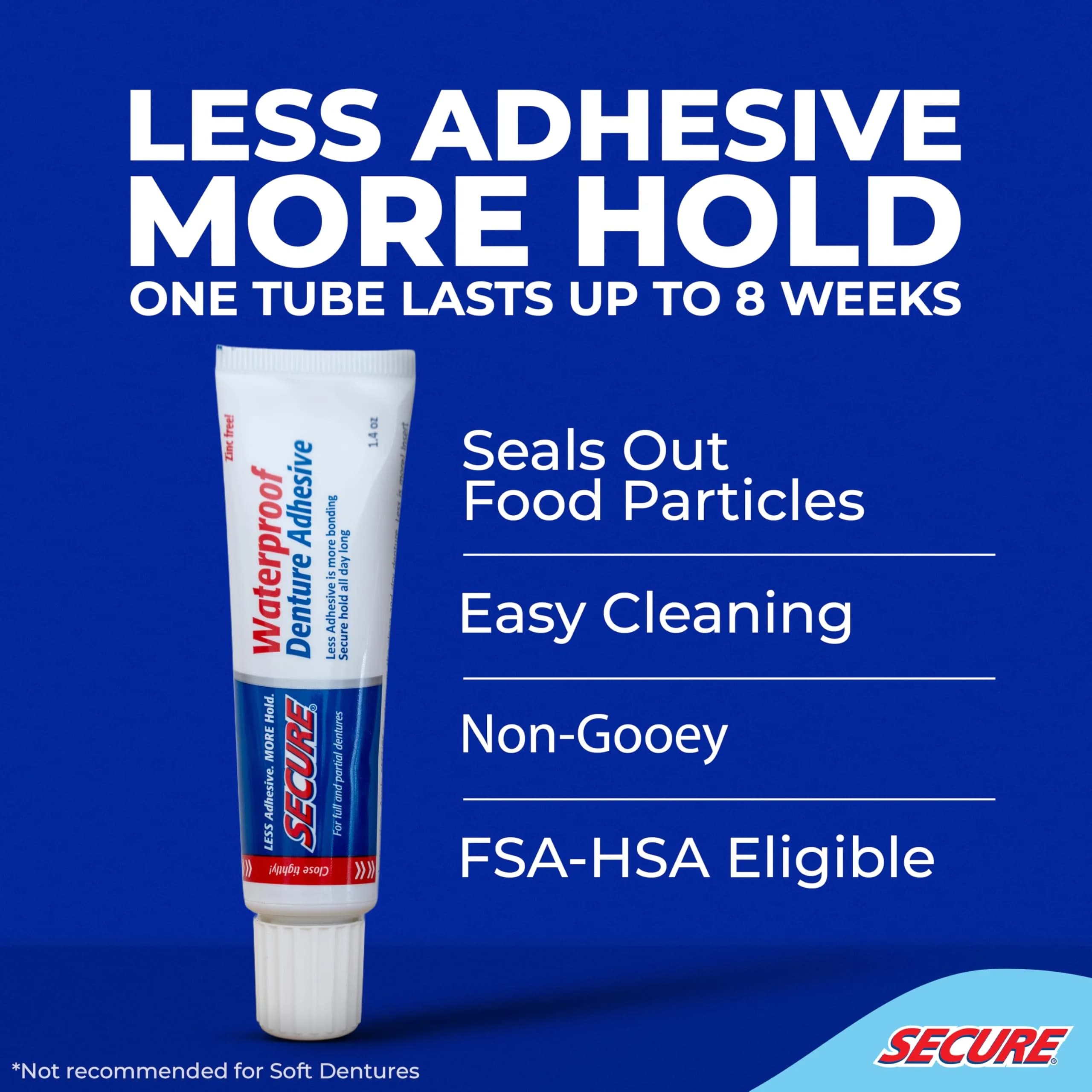 Secure Regular Denture Adhesive Cream - 1.4 oz Tube, 2 Pack | Waterproof, Zinc-Free - view 2