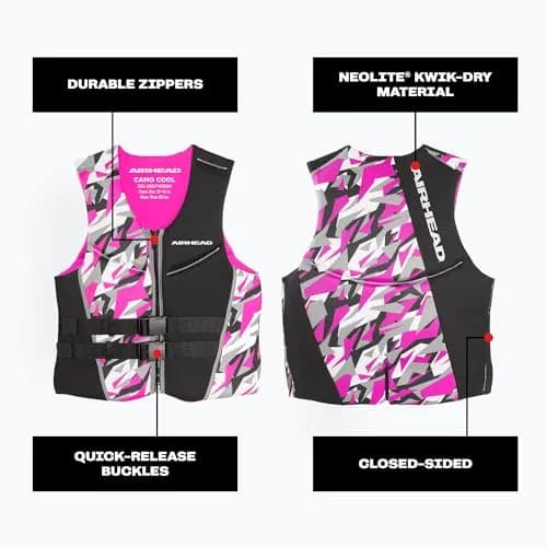 Airhead CAMO COOL Kwik-Dry Neolite Flex Life Jacket for Adults - USCG Approved Watersports Vest, Pink, Medium thumbnail 5
