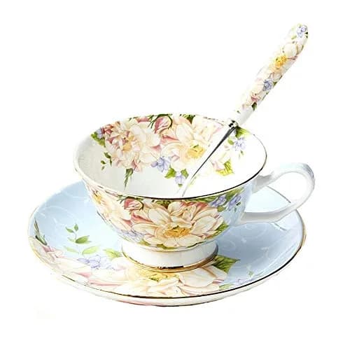 SudaTek Blue Rose Fine Bone China Tea Cup, Saucer & Spoon Set 177ml (6 Fl Oz) | Vintage Floral Gold Trim thumbnail 1