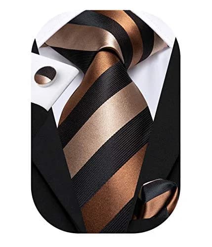 Hi-Tie Mens Plaids Striped Brown Ties Set 150cm | Elegant Silk Necktie for Men thumbnail 1