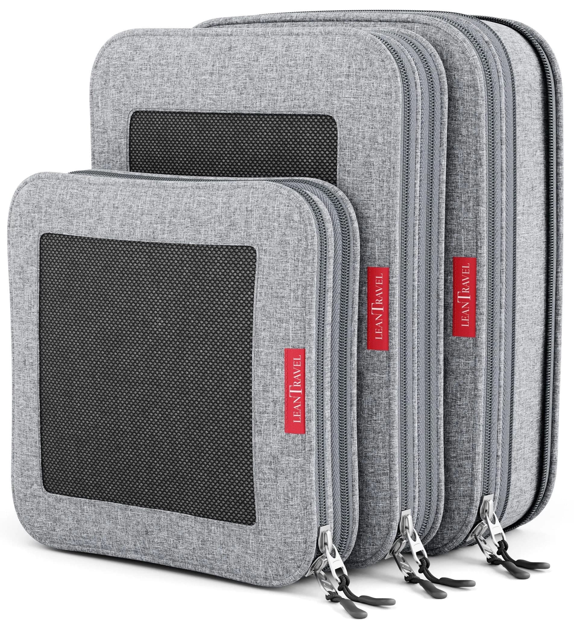 LeanTravel Premium Compression Packing Cubes for Travel - Suitcase Organizer Bags with Double Zipper & Breathable Mesh Panel - Space Saving Carry On Luggage Essentials (1 Medium Bag, Grey) — Grey
