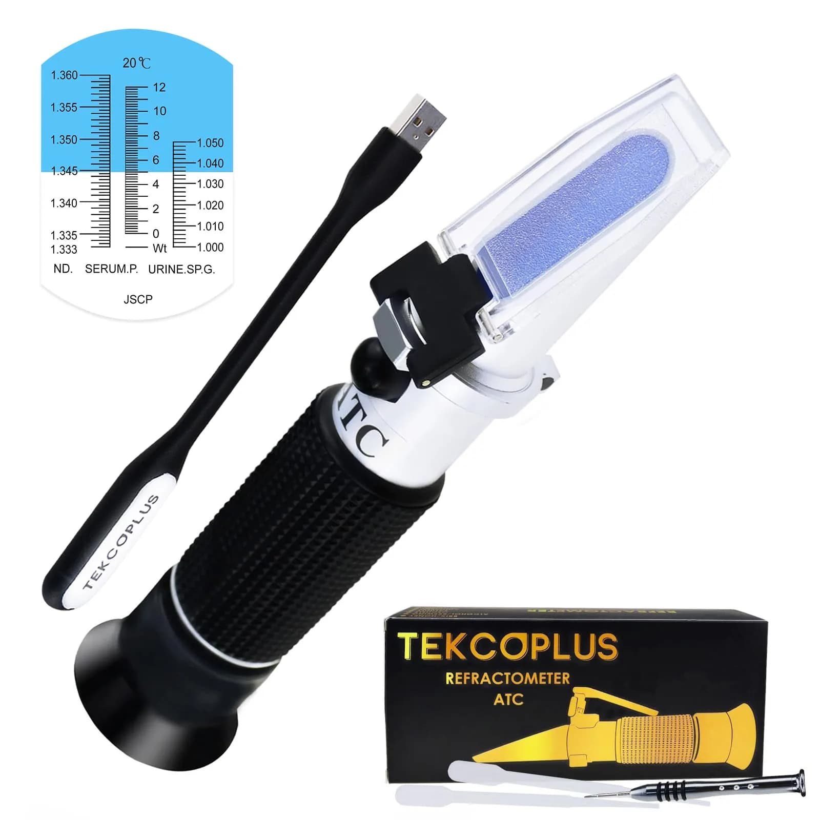 TEKCOPLUS 3-in-1 Clinical Refractometer with ATC 0-12 g/100ml Serum Protein | Urine SG 1.000-1.050 | RI 1.333-1.360