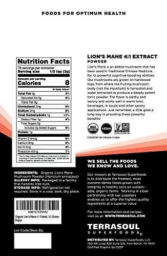 Terrasoul Superfoods Organic Lion's Mane Mushroom Powder (4:1 Extract), 11 Ounces | Concentrated Mushroom for Brain & Digestive Health thumbnail 2