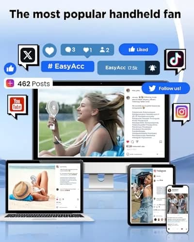 EasyAcc Handheld Fan White 20.32 cm (8 inches) | Powerful Portable USB Fan with 3 Speeds & 10-Hour Battery thumbnail 5