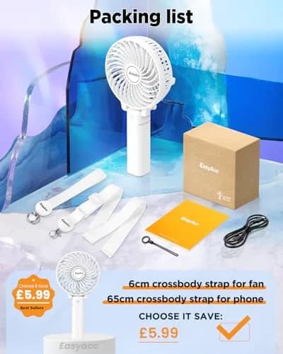 EasyAcc Handheld Fan White 20.32 cm (8 inches) | Powerful Portable USB Fan with 3 Speeds & 10-Hour Battery thumbnail 2