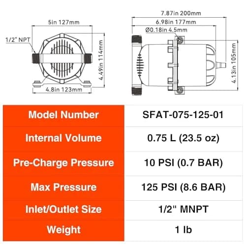 SEAFLO 0.75L (23.5 oz) Accumulator Tank | Reduces Pump Cycling & Smooths Flow for RV & Off-Grid thumbnail 9