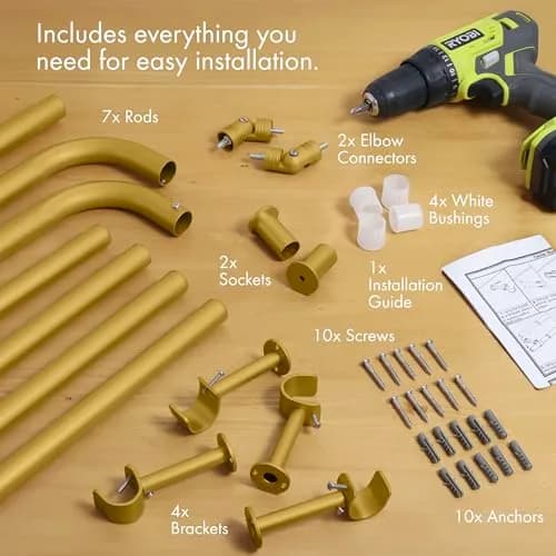 MERIVILLE 1-Inch Diameter Bay Window Curtain Rod Set | Metal, Gold Finish, Extendable from 20-72 inches thumbnail 7