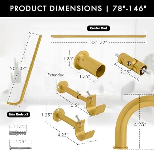 MERIVILLE 1-Inch Diameter Bay Window Curtain Rod Set | Metal, Gold Finish, Extendable from 20-72 inches thumbnail 8