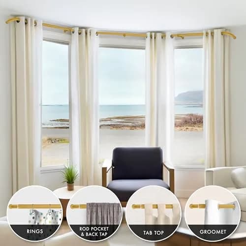 MERIVILLE 1-Inch Diameter Bay Window Curtain Rod Set | Metal, Gold Finish, Extendable from 20-72 inches thumbnail 9