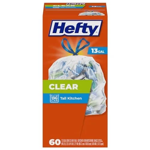 Hefty Tall Clear Trash Bags 13 Gallon Unscented 60ct | Puncture-Resistant, Drawstring Closure, Recyclable thumbnail 1