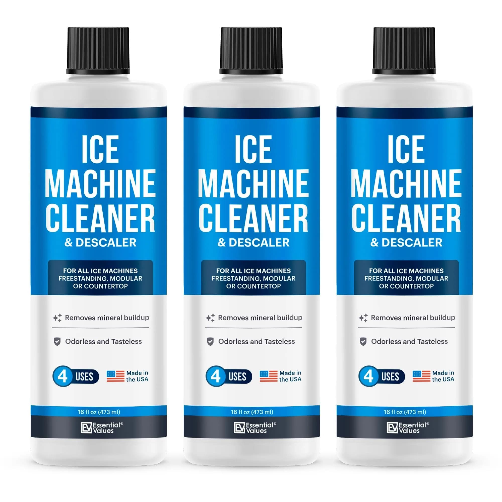Essential Values Ice Machine Cleaner and Descaler 3x16 fl oz | Nickel Safe Descaler for All Ice Makers - main product image