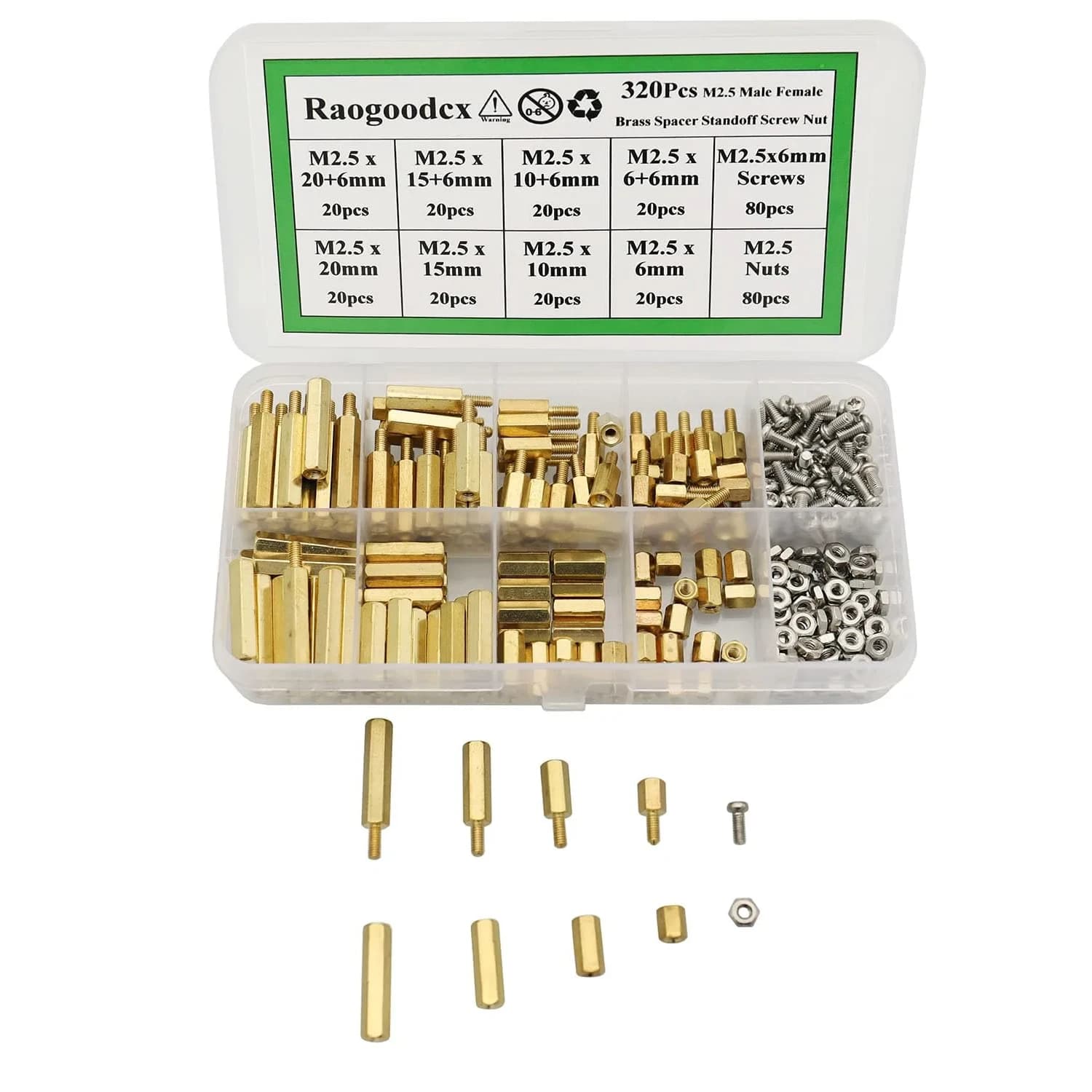 Raogoodcx M2.5 Brass Male Female Standoff Screw Kit 320 Pieces | Hexagonal Brass & Stainless Steel Fasteners - main product image