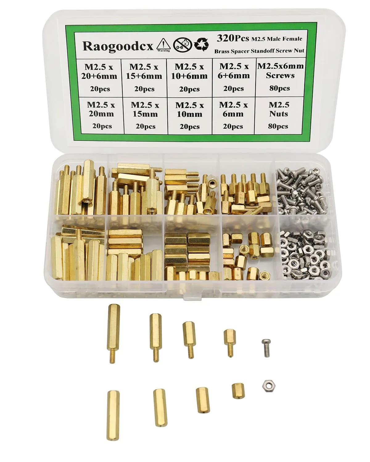 Raogoodcx M2.5 Brass Male Female Standoff Screw Kit 320 Pieces | Hexagonal Brass & Stainless Steel Fasteners — Brass M2.5