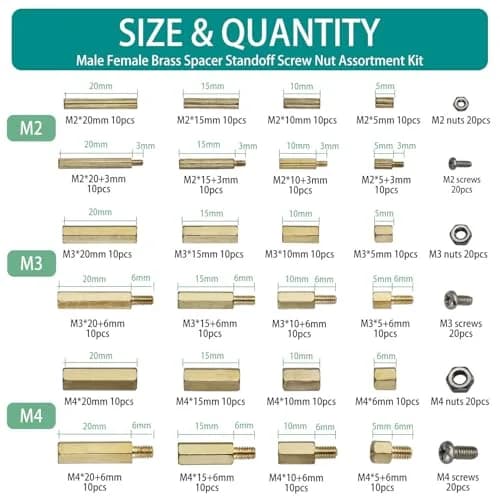 Raogoodcx M2.5 Brass Male Female Standoff Screw Kit 320 Pieces | Hexagonal Brass & Stainless Steel Fasteners thumbnail 2