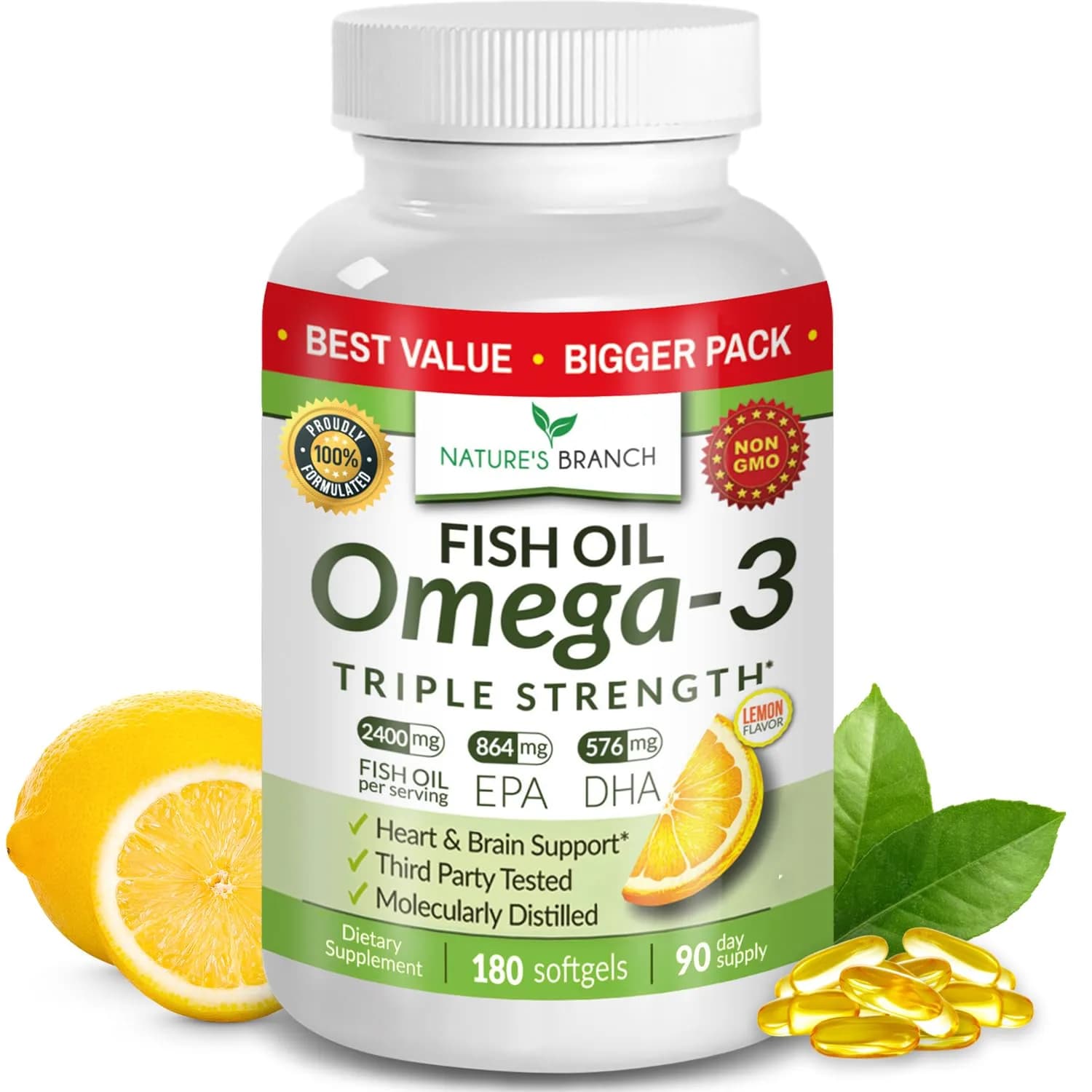 NATURE'S BRANCH Triple Strength Omega 3 Fish Oil 180 Count | Heart, Brain & Eye Health Support - main product image