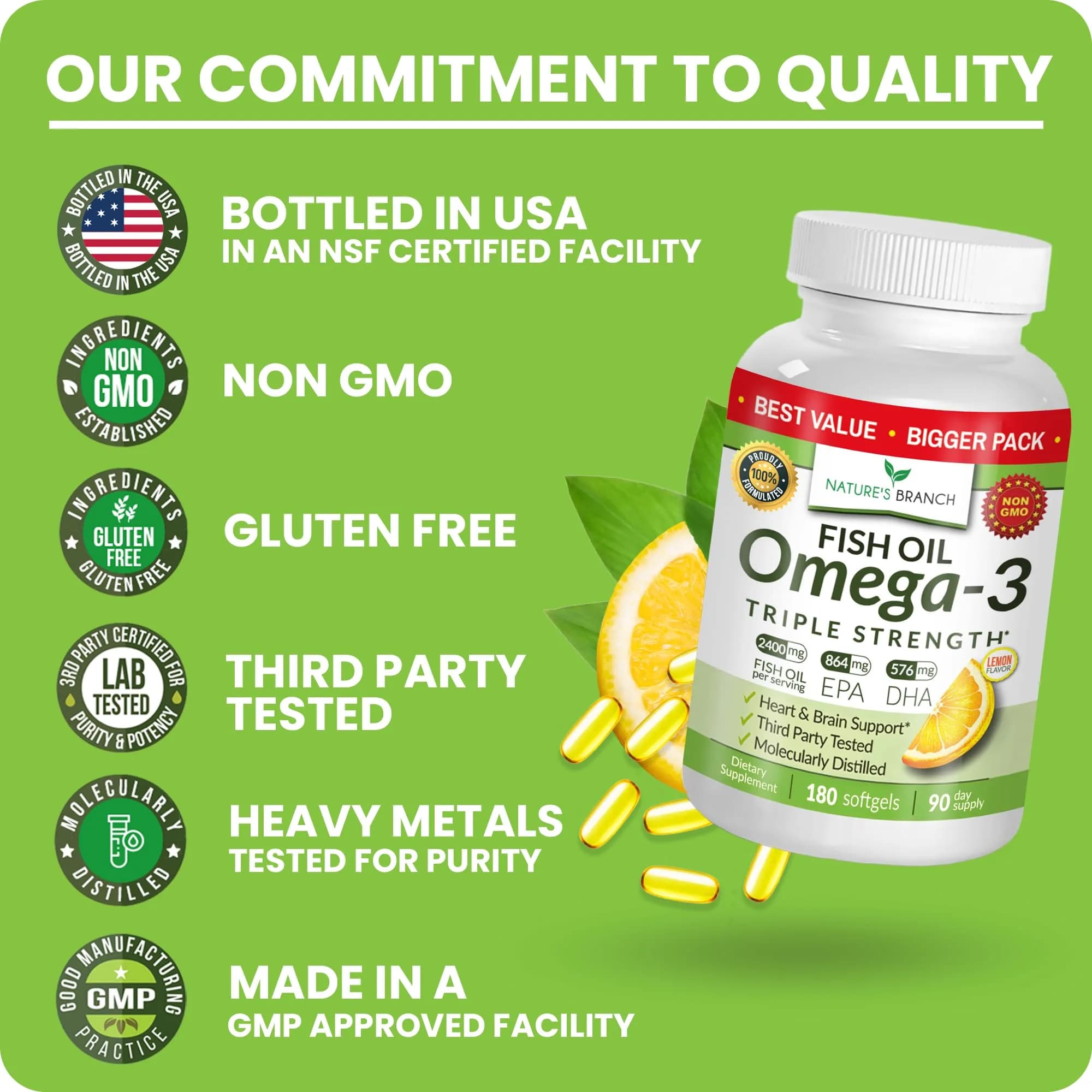 NATURE'S BRANCH Triple Strength Omega 3 Fish Oil 180 Count | Heart, Brain & Eye Health Support - view 7